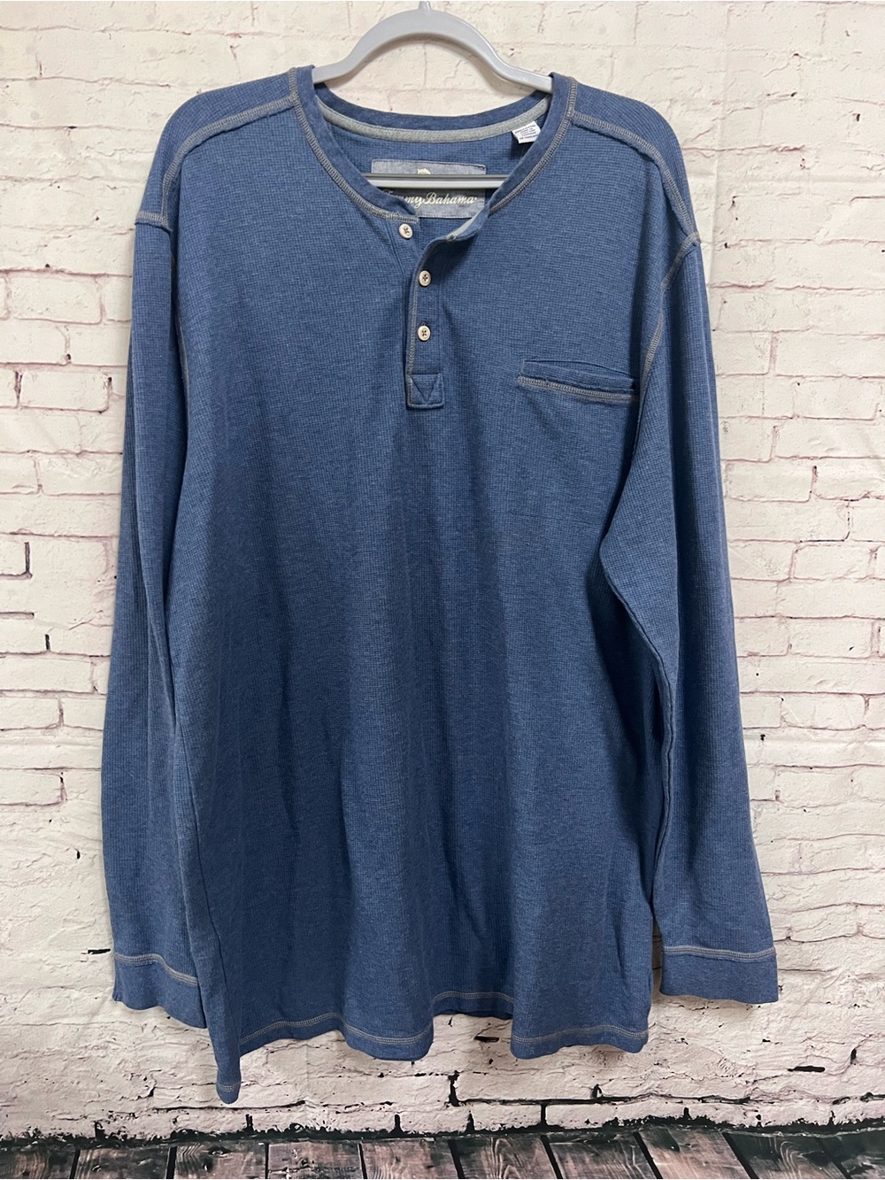 Tommy Bahama Shirt Mens XXXLT 3XLT Blue Long Sleeve Waffle Knit Henley Pocket